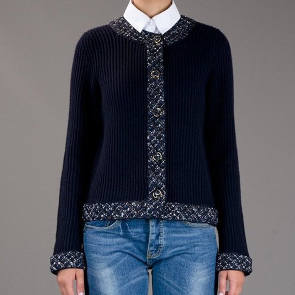 Tory Burch Sweaters - Tory Burch Navy Blue Tweed Trim Wool Cardigan Blazer Size XS
